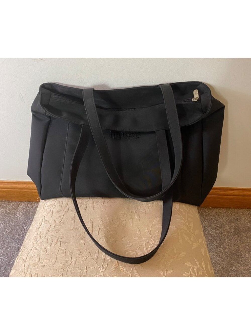 Harrods Black Nylon Tote Bag Embroidered Logo Zipper Closure